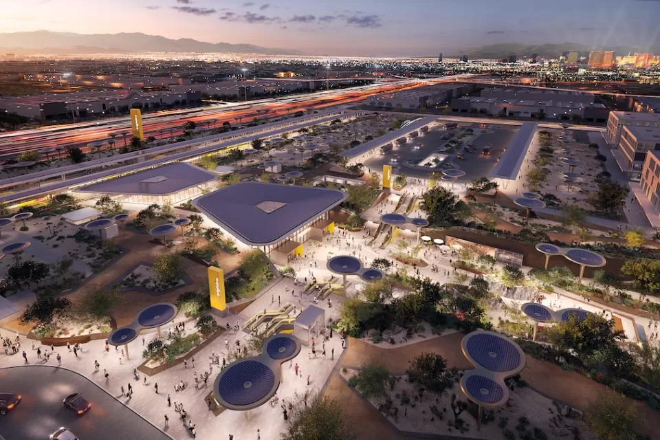 Rendering of aerial view of Las Vegas station for Brightline West high-speed rail line.